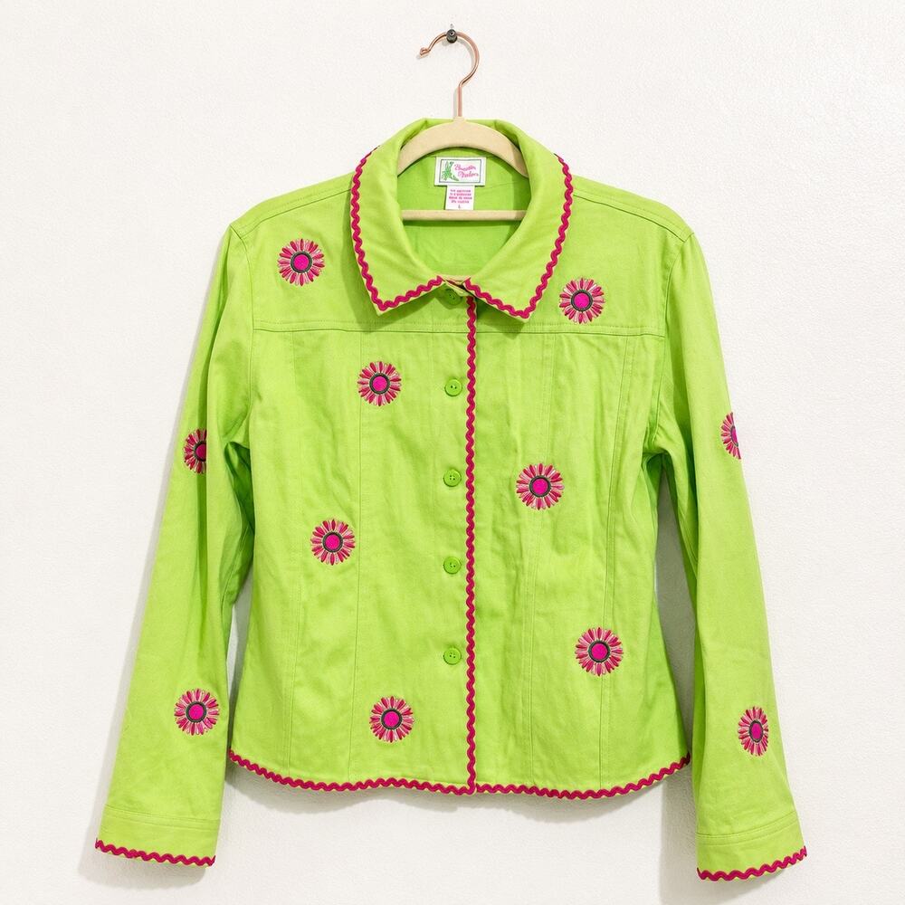 Bamboo Traders Lime Green Embroidered Floral Vintage 2000s Jacket Sz L